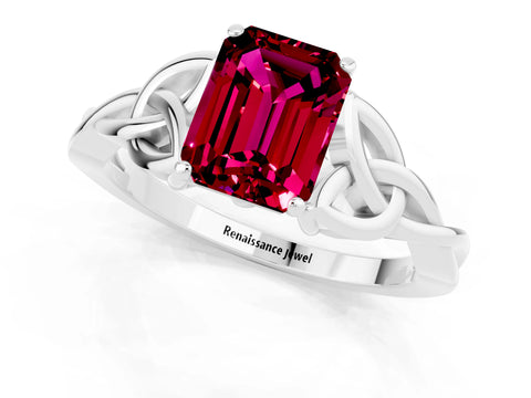 White gold Emerald Cut Garnet Solitaire Celtic Knot Ring with Four-Prong Setting_13
