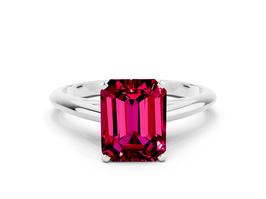 White gold Emerald Cut Garnet Solitaire Engagement Ring with Cathedral Setting and Four-Prong Mount_108