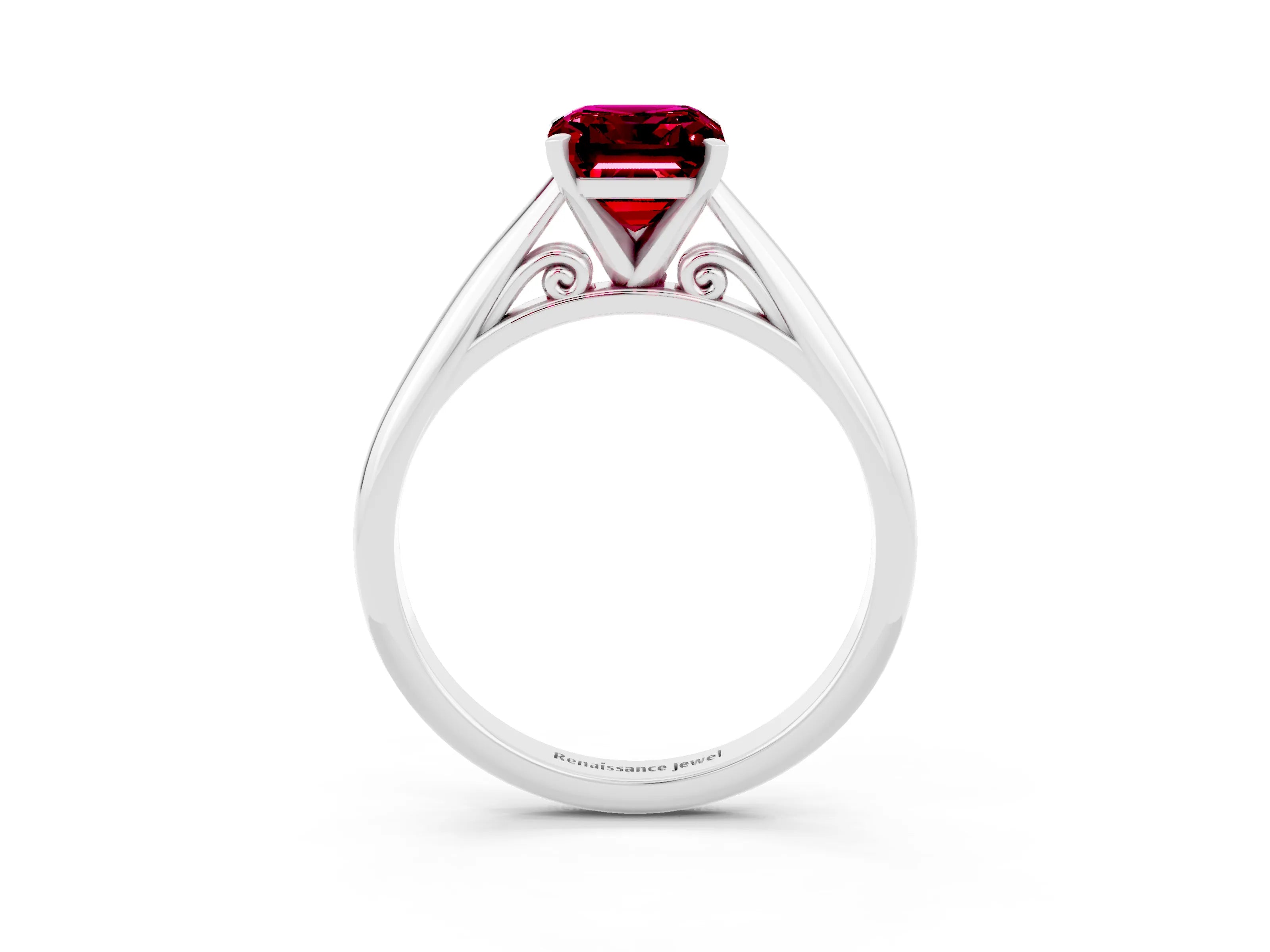White gold Emerald Cut Garnet Solitaire Engagement Ring with Cathedral Setting and Four-Prong Mount_15