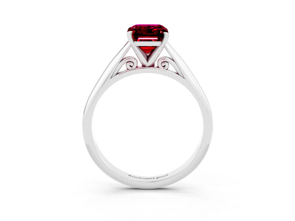 White gold Emerald Cut Garnet Solitaire Engagement Ring with Cathedral Setting and Four-Prong Mount
