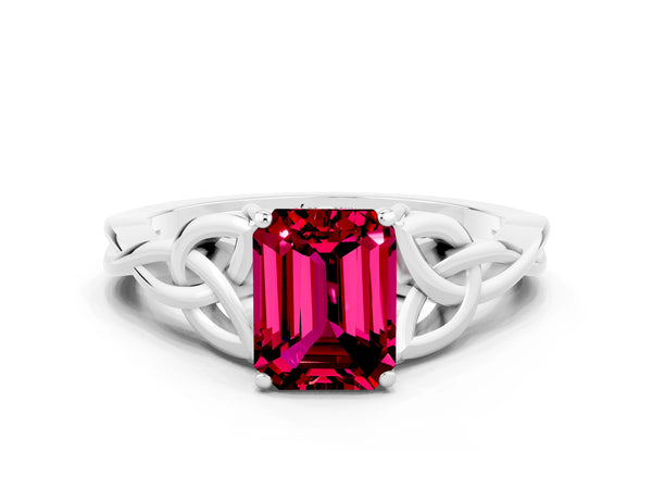 Platinum Emerald Cut Garnet Solitaire Engagement Ring with Celtic Knot Band and Four-Prong Setting