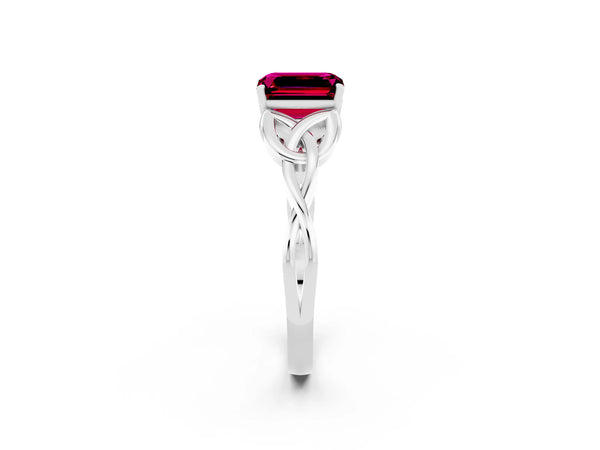 Platinum Emerald Cut Garnet Solitaire Engagement Ring with Celtic Knot Band and Four-Prong Setting
