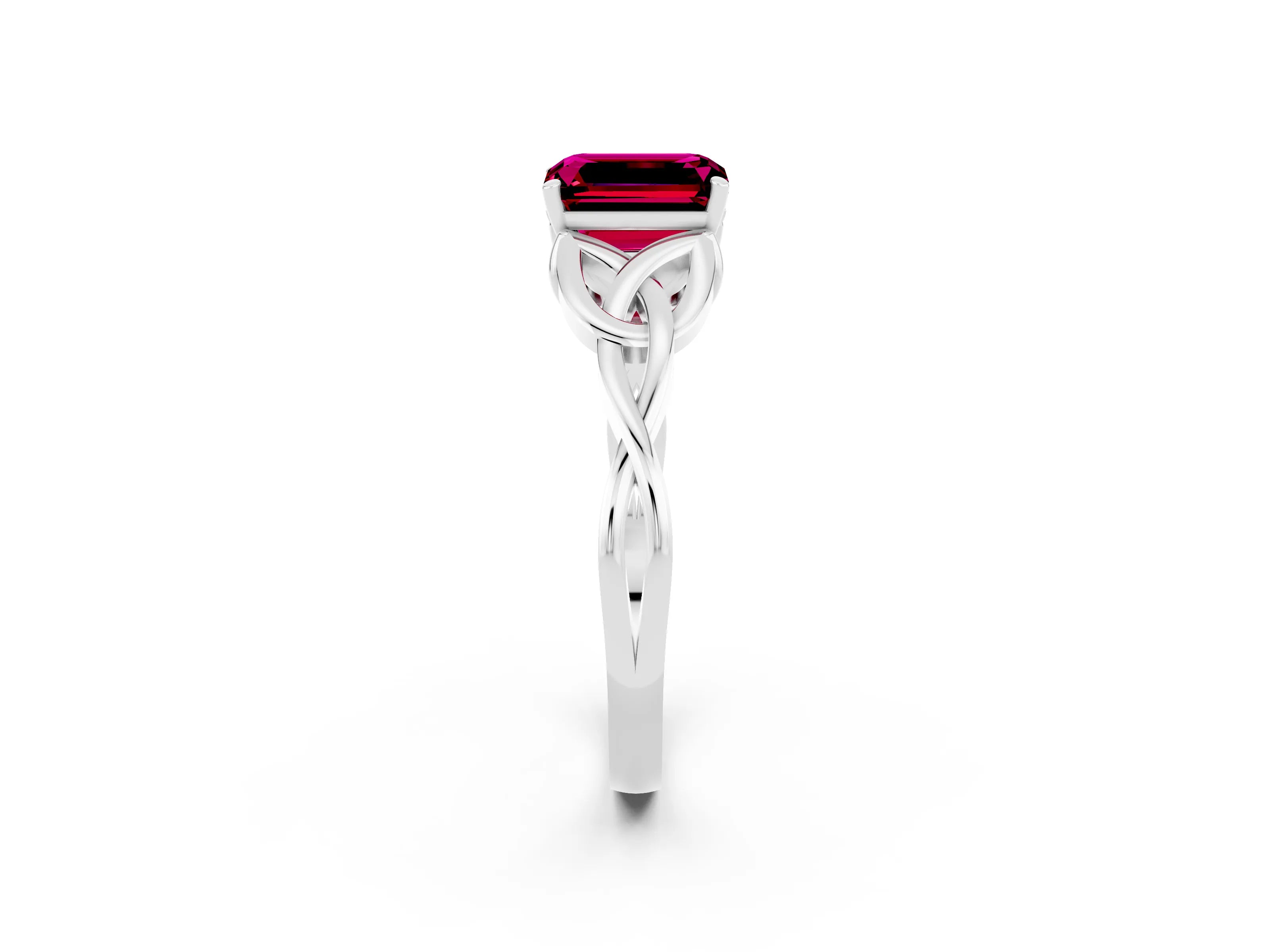 White gold Emerald Cut Garnet Solitaire Engagement Ring with Celtic Knot Band and Four-Prong Setting_2