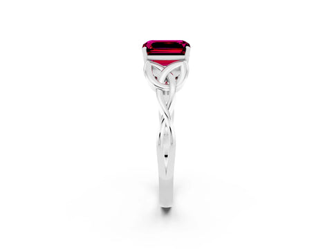 White gold Emerald Cut Garnet Solitaire Engagement Ring with Celtic Knot Band and Four-Prong Setting_2