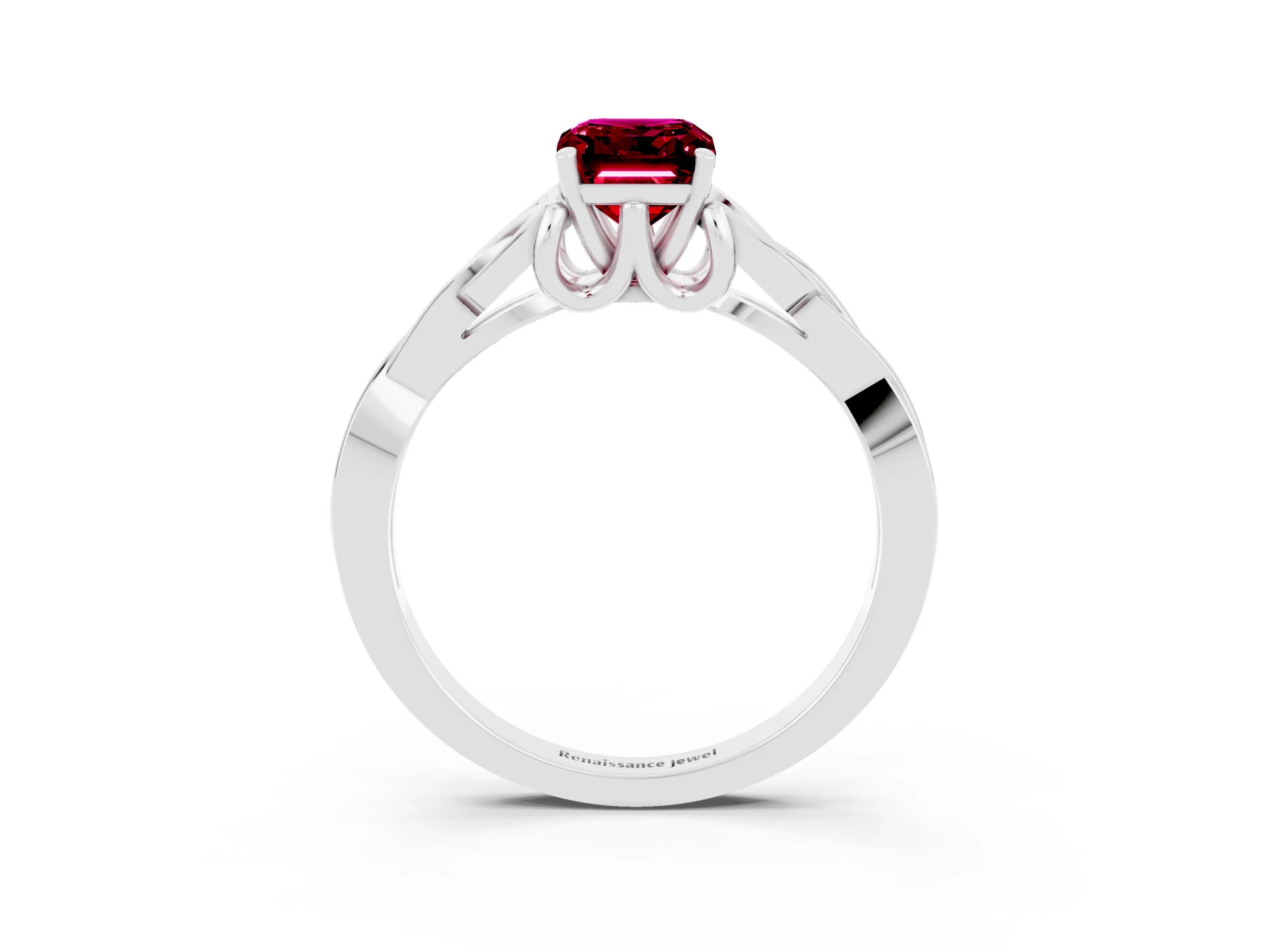 White gold Emerald Cut Garnet Solitaire Engagement Ring with Celtic Knot Band and Four-Prong Setting_3