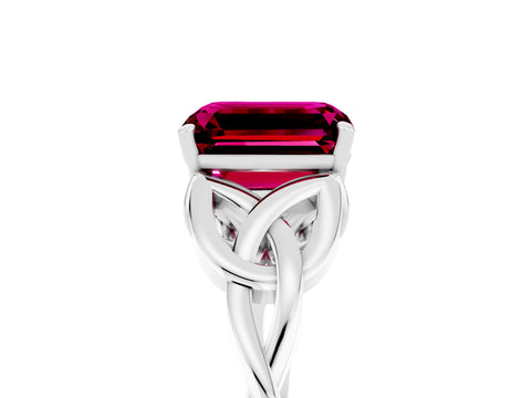 White gold Emerald Cut Garnet Solitaire Engagement Ring with Celtic Knot Band and Four-Prong Setting_5