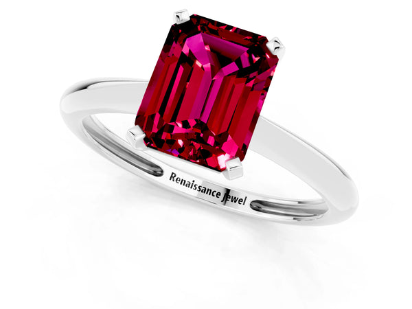 White gold Emerald Cut Garnet Solitaire Engagement Ring with Classic Band and Four-Prong Setting