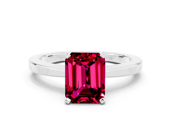 Silver Emerald Cut Garnet Solitaire Engagement Ring with Classic Band and Four-Prong Setting