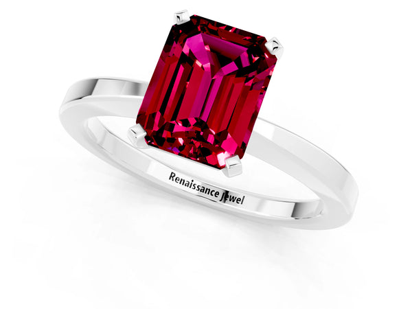Silver Emerald Cut Garnet Solitaire Engagement Ring with Classic Band and Four-Prong Setting