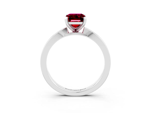 White gold Emerald Cut Garnet Solitaire Engagement Ring with Classic Band and Four-Prong Setting