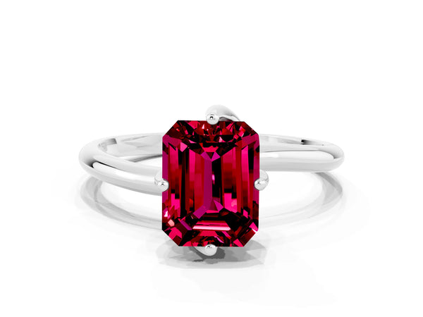 Platinum Emerald Cut Garnet Solitaire Engagement Ring with Four-Prong Setting and Classic Band