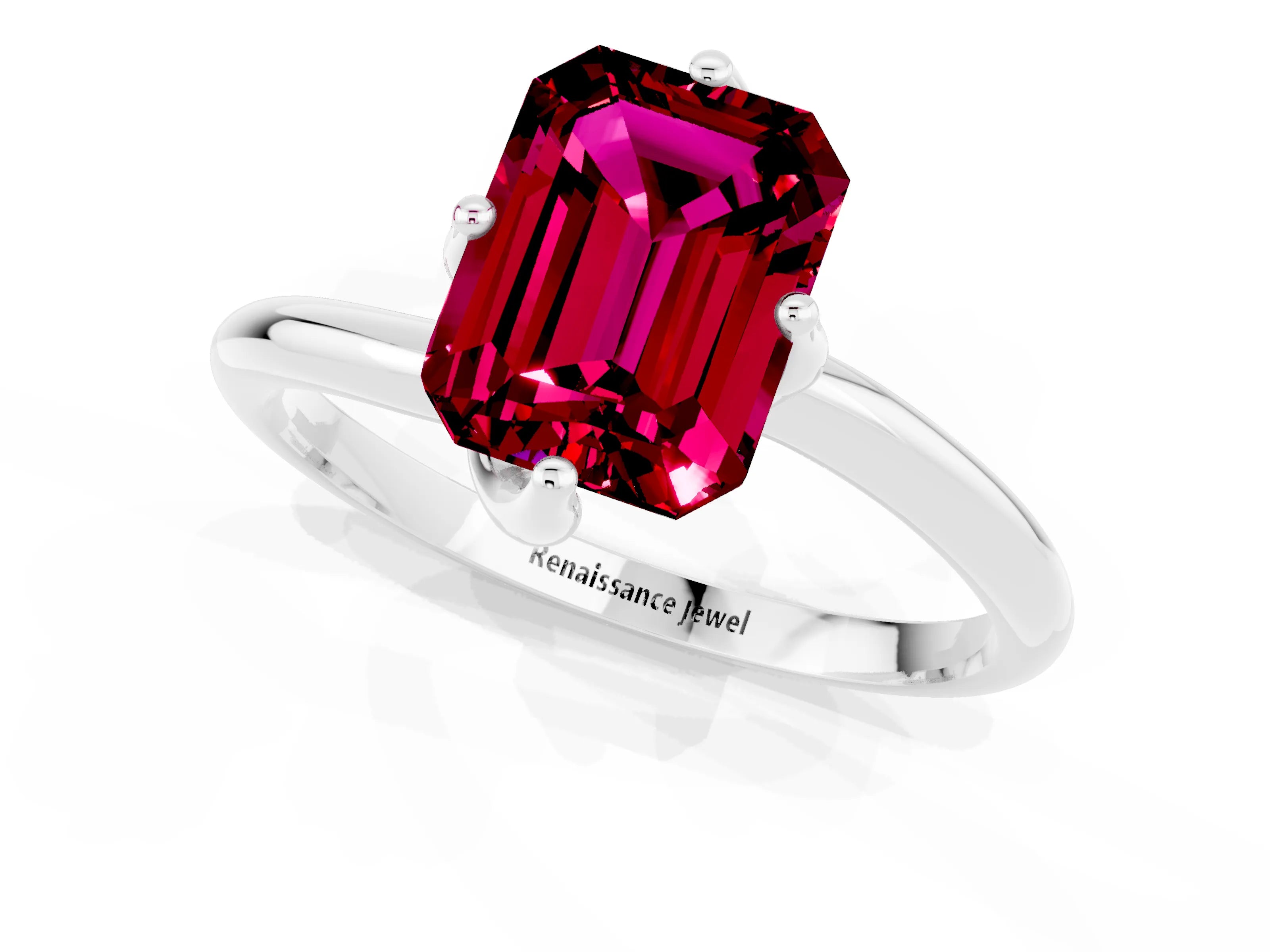 White gold Emerald Cut Garnet Solitaire Engagement Ring with Four-Prong Setting and Classic Band_13