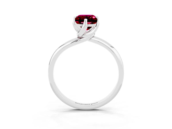 Platinum Emerald Cut Garnet Solitaire Engagement Ring with Four-Prong Setting and Classic Band