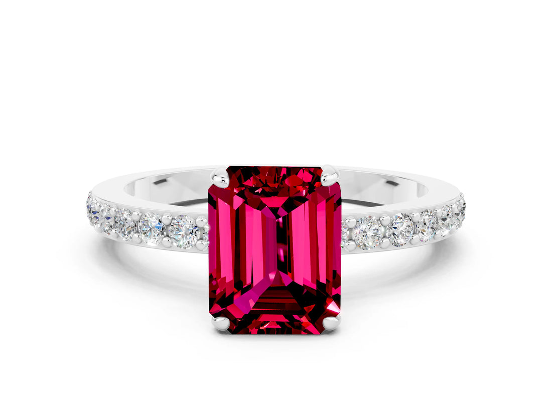 White gold Emerald Cut Garnet Solitaire Engagement Ring with Pavé Band and Four-Prong Setting