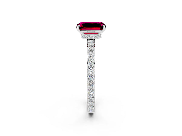 Silver Emerald Cut Garnet Solitaire Engagement Ring with Pavé Band and Four-Prong Setting