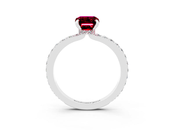 Platinum Emerald Cut Garnet Solitaire Engagement Ring with Pavé Band and Four-Prong Setting