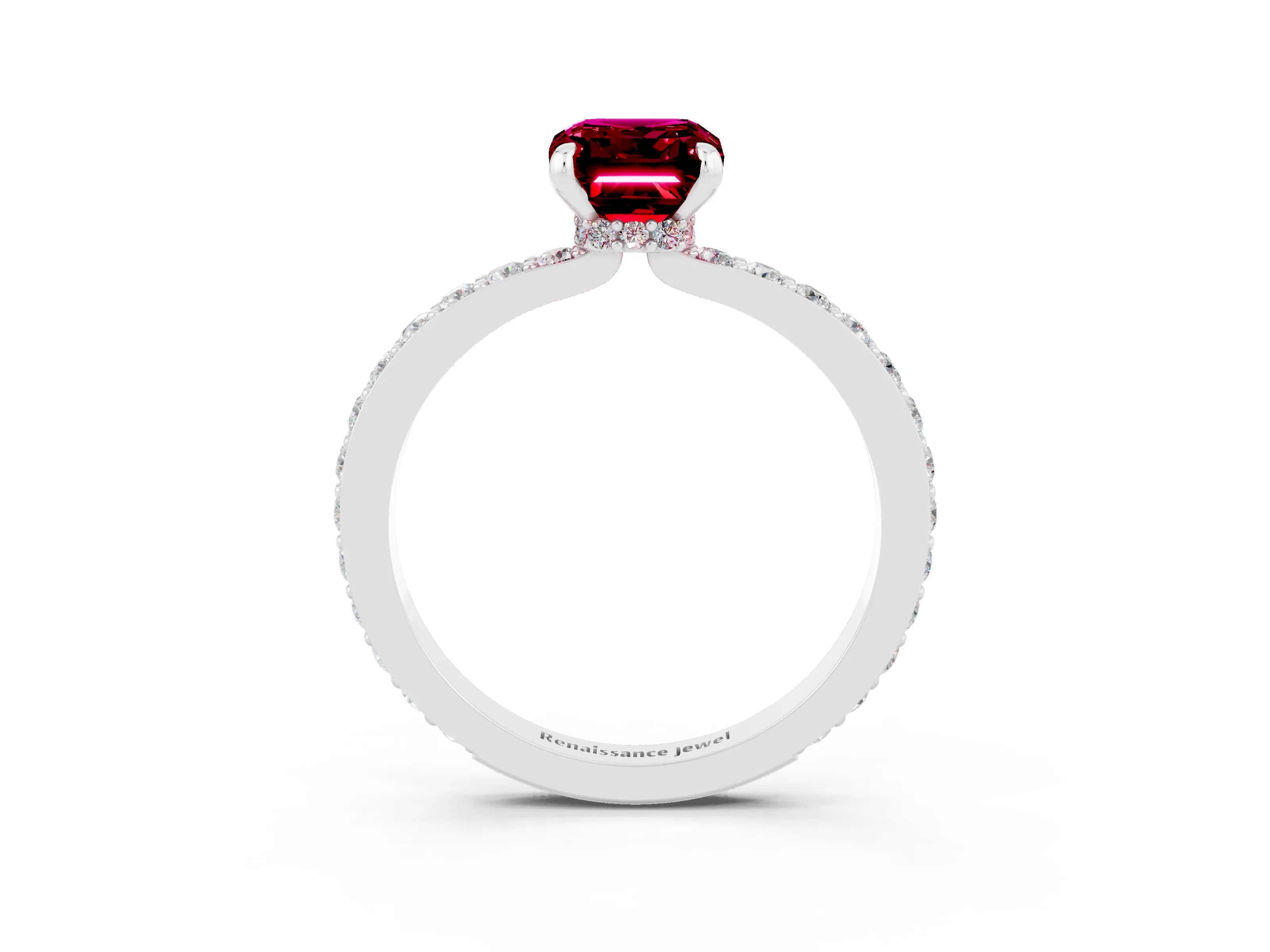 White gold Emerald Cut Garnet Solitaire Engagement Ring with Pavé Band and Four-Prong Setting_3