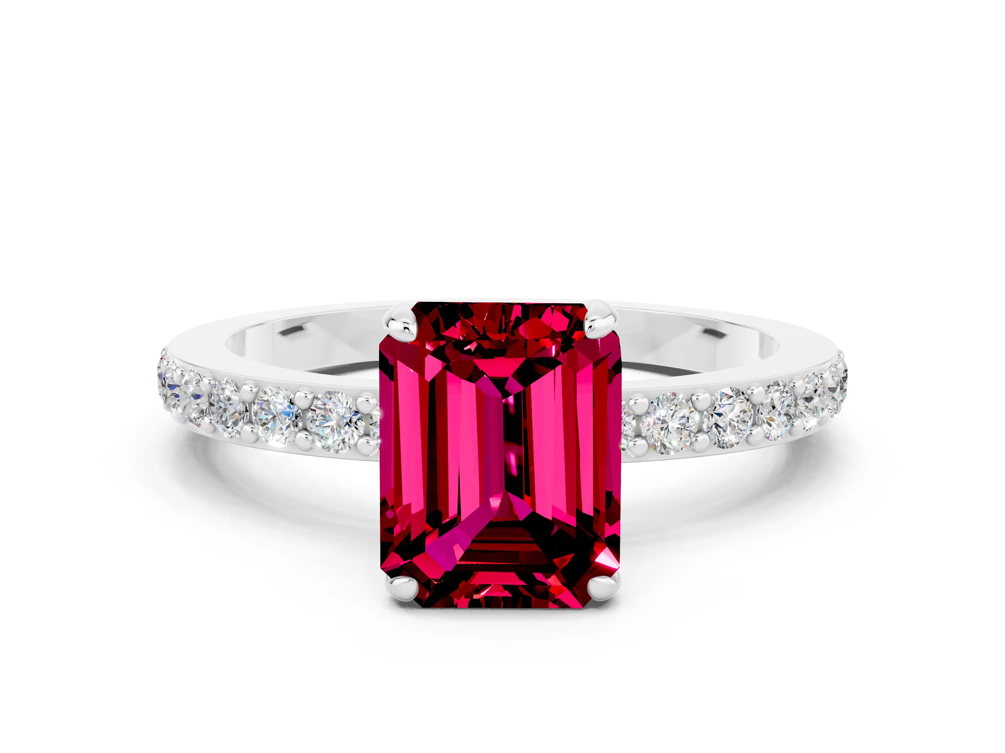 White gold Emerald Cut Garnet Solitaire Engagement Ring with Pavé Band and Four-Prong Setting
