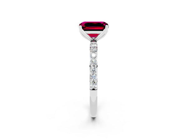 Platinum Emerald Cut Garnet Solitaire Engagement Ring with Round  Pavé Band and Prong Setting