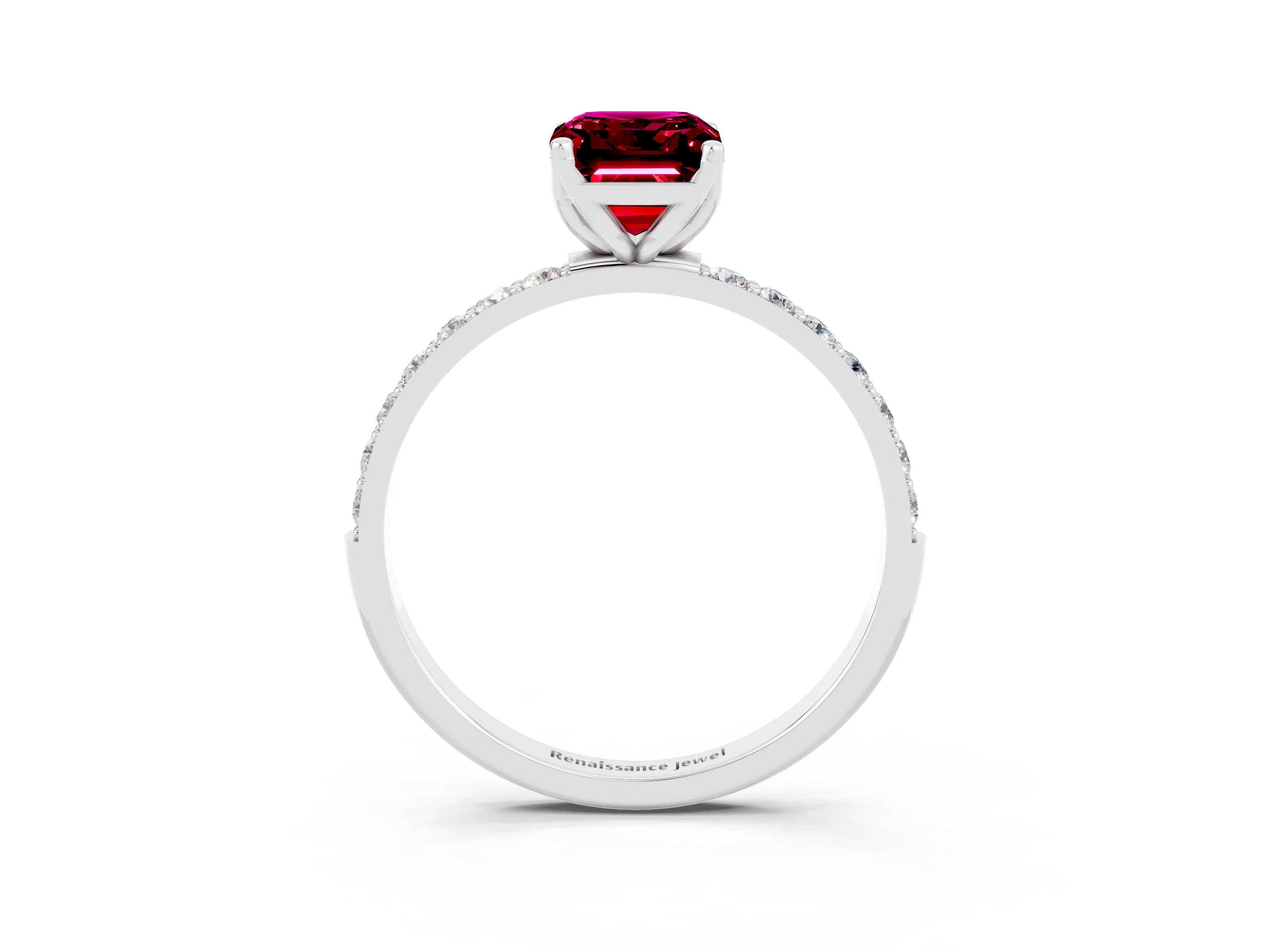 White gold Emerald Cut Garnet Solitaire Engagement Ring with Pavé Band and Prong Setting_3