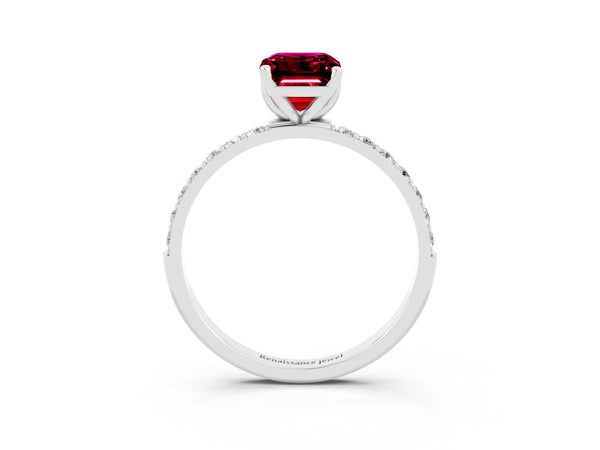 Silver Emerald Cut Garnet Solitaire Engagement Ring with Round  Pavé Band and Prong Setting