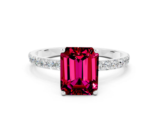 White gold Emerald Cut Garnet Solitaire Engagement Ring with Round  Pavé Band and Prong Setting