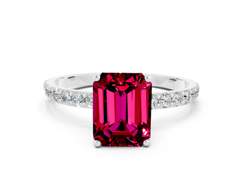 White gold Emerald Cut Garnet Solitaire Engagement Ring with Pavé Band and Prong Setting