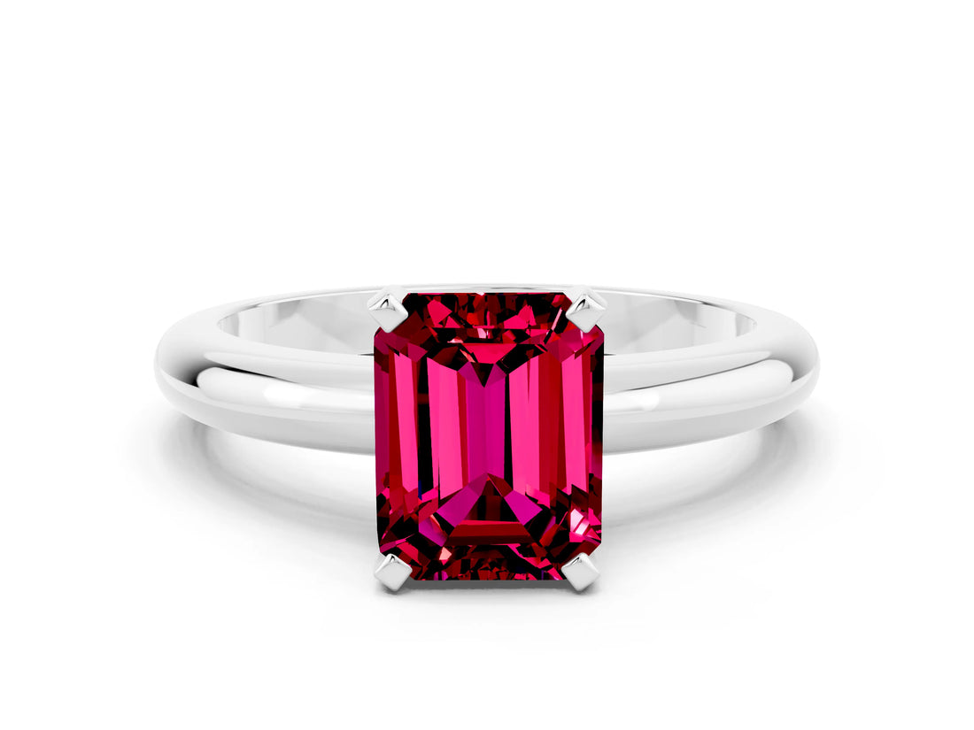 White gold Emerald Cut Garnet Solitaire Engagement Ring with Round Band and Four-Prong Setting