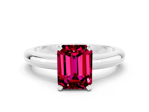 Platinum Emerald Cut Garnet Solitaire Engagement Ring with Round Band and Four-Prong Setting
