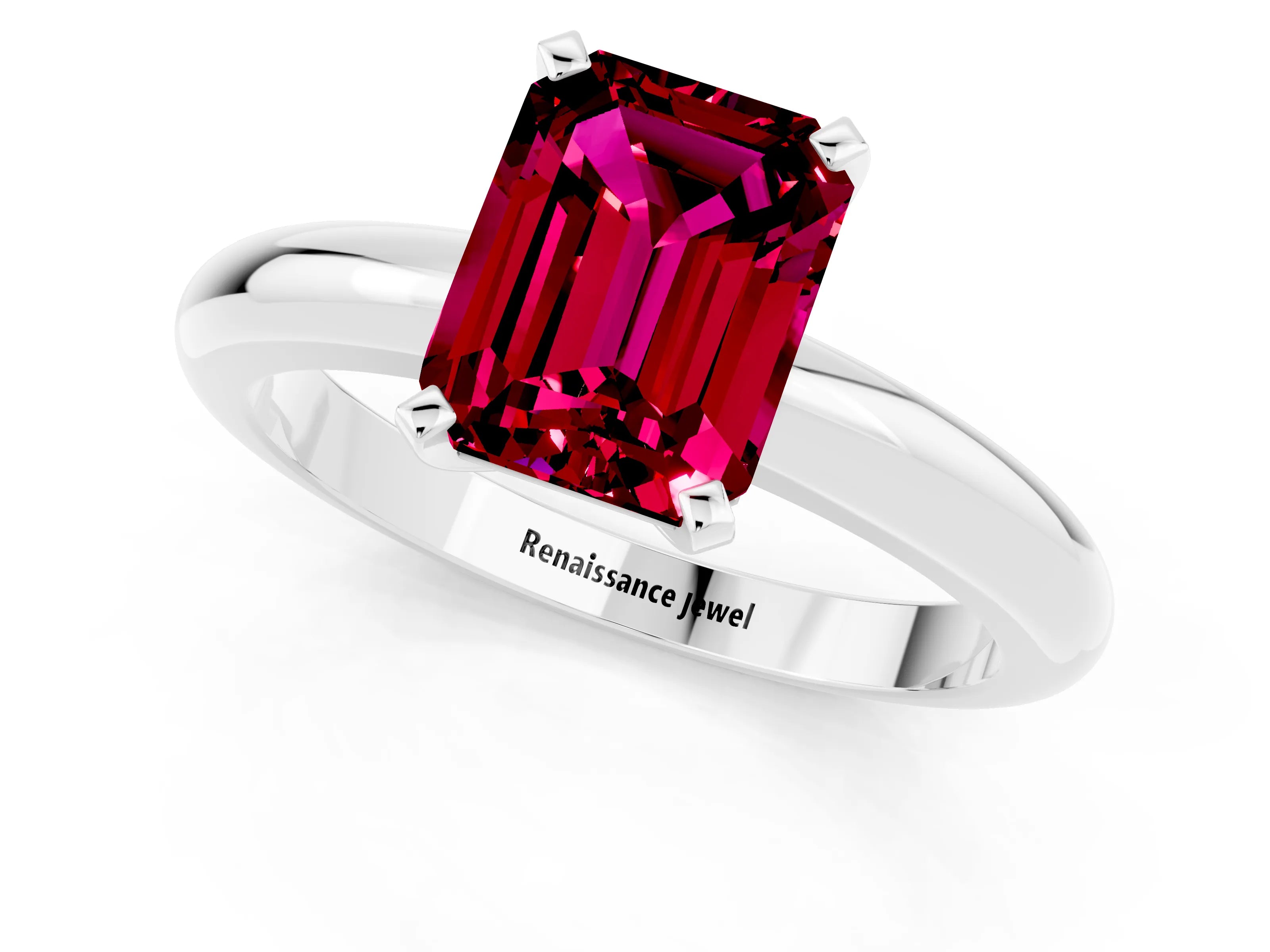 White gold Emerald Cut Garnet Solitaire Engagement Ring with Round Band and Four-Prong Setting_1