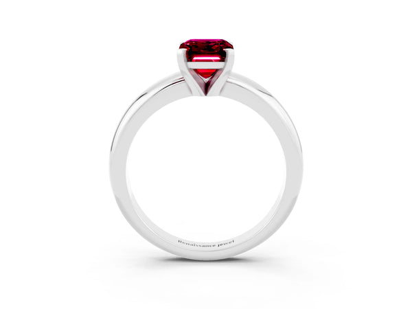 Platinum Emerald Cut Garnet Solitaire Engagement Ring with Round Band and Four-Prong Setting
