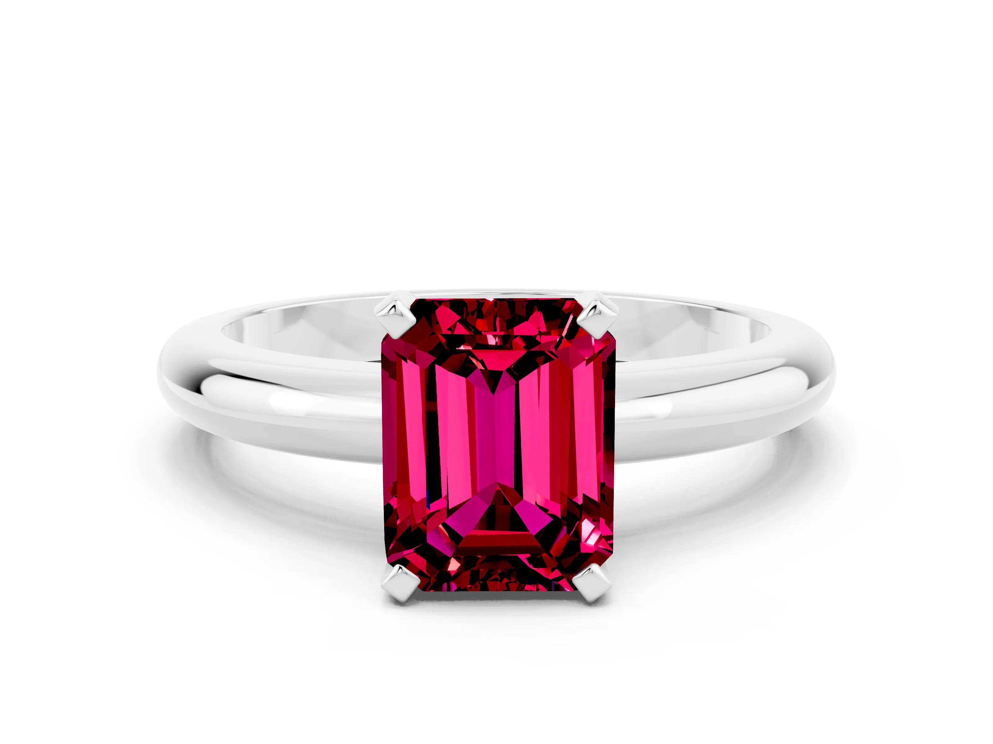 White gold Emerald Cut Garnet Solitaire Engagement Ring with Round Band and Four-Prong Setting