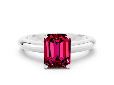 White gold Emerald Cut Garnet Solitaire Engagement Ring with Round Band and Four-Prong Setting