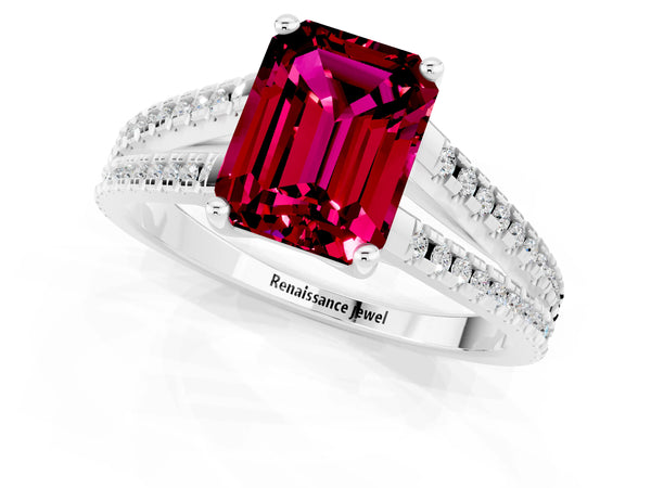 White gold Emerald Cut Garnet Solitaire Engagement Ring with Split Shank Pavé Band