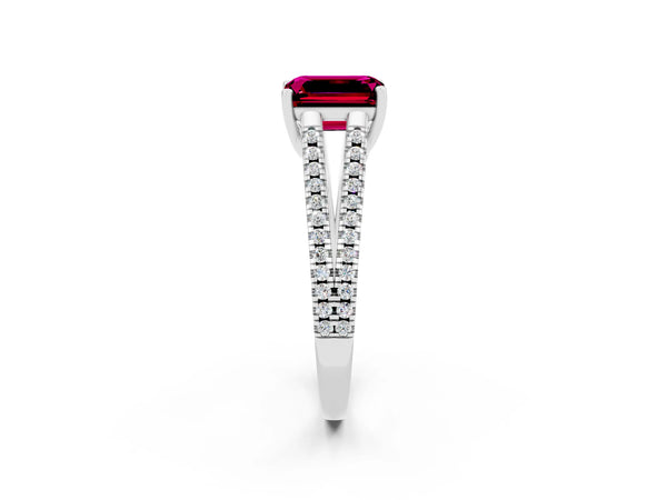 White gold Emerald Cut Garnet Solitaire Engagement Ring with Split Shank Pavé Band
