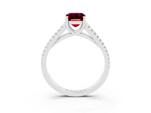 Platinum Emerald Cut Garnet Solitaire Engagement Ring with Split Shank Pavé Band
