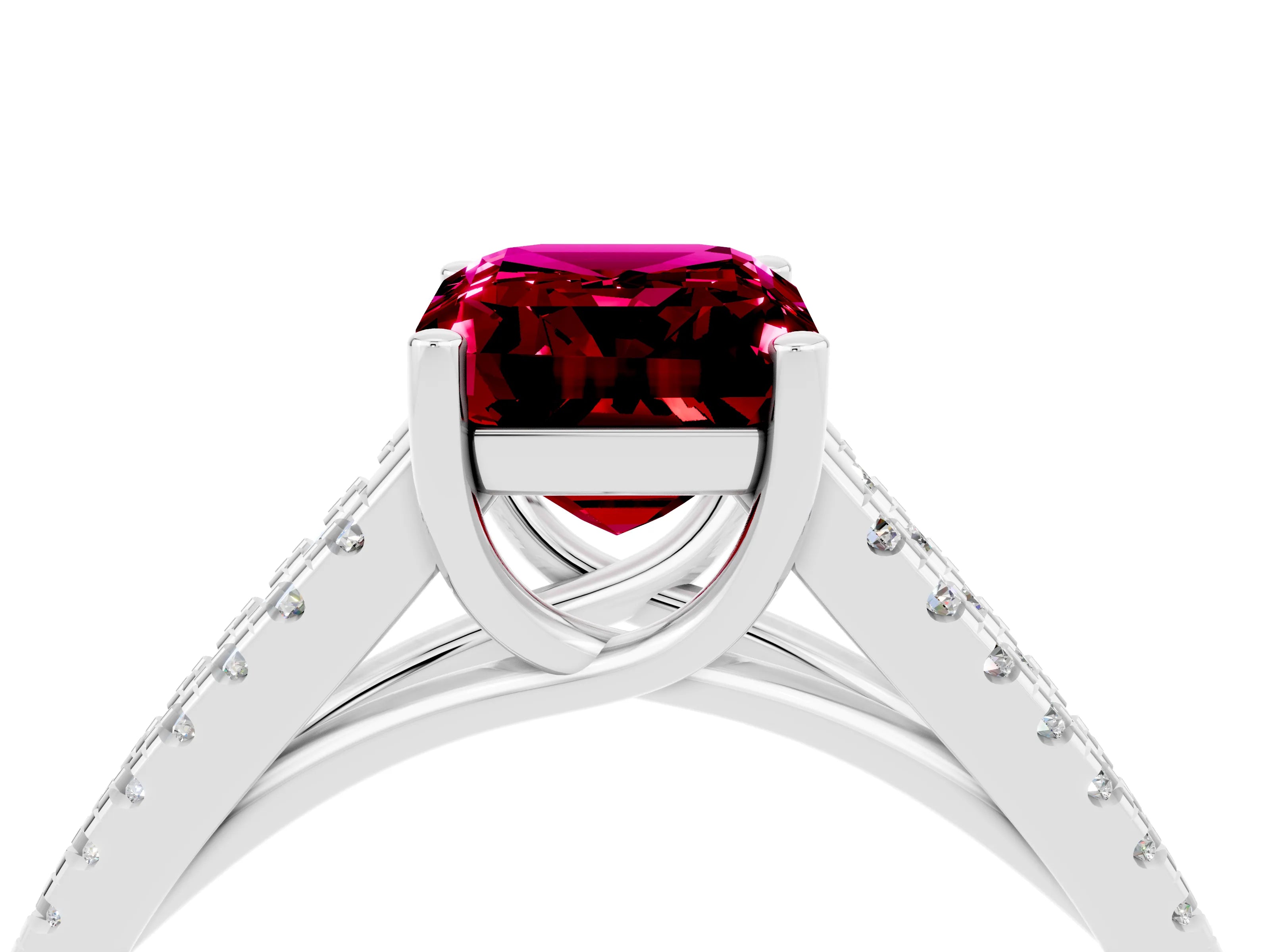 White gold Emerald Cut Garnet Solitaire Engagement Ring with Split Shank Pavé Band_4