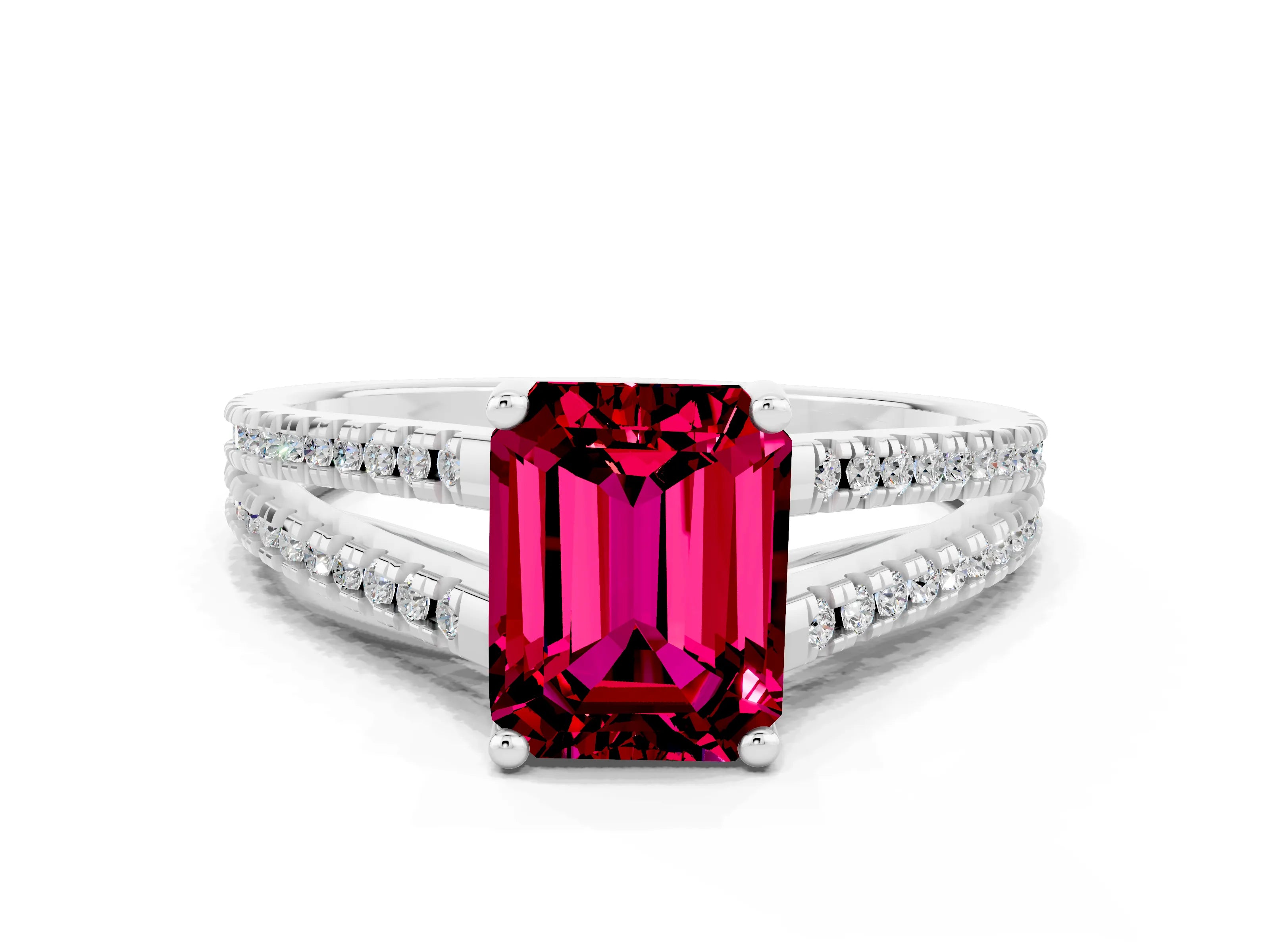 White gold Emerald Cut Garnet Solitaire Engagement Ring with Split Shank Pavé Band