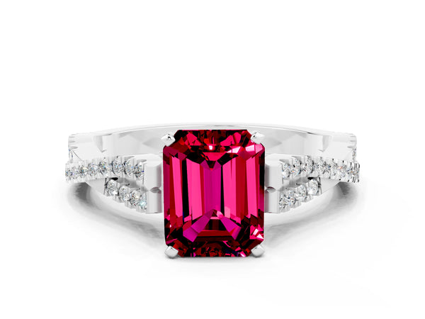 Platinum Emerald Cut Garnet Solitaire Engagement Ring with Twisted Pavé Band and Four-Prong Setting