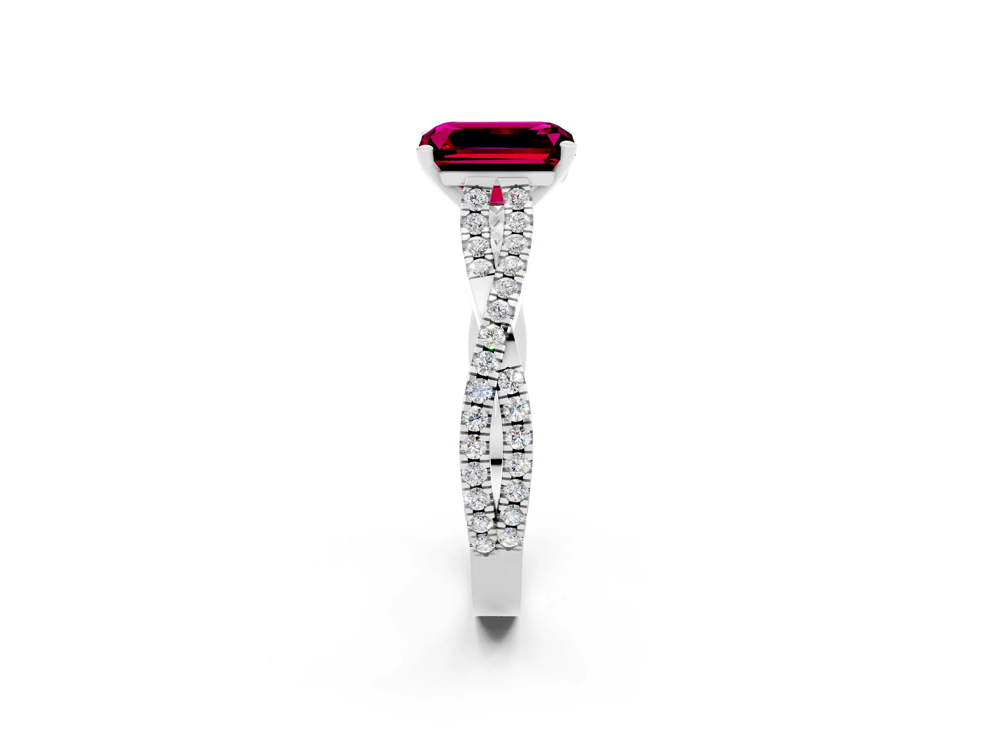 White gold Emerald Cut Garnet Solitaire Engagement Ring with Twisted Pavé Band and Four-Prong Setting_2