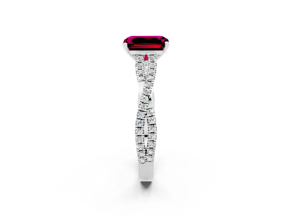 Platinum Emerald Cut Garnet Solitaire Engagement Ring with Twisted Pavé Band and Four-Prong Setting