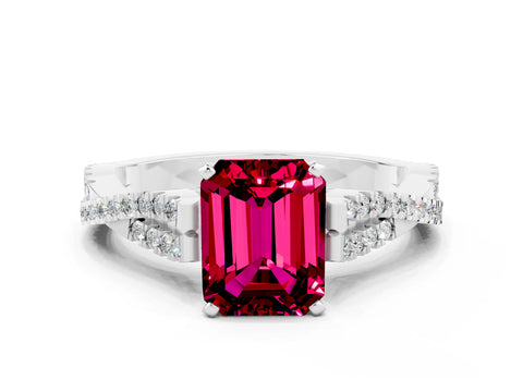 White gold Emerald Cut Garnet Solitaire Engagement Ring with Twisted Pavé Band and Four-Prong Setting