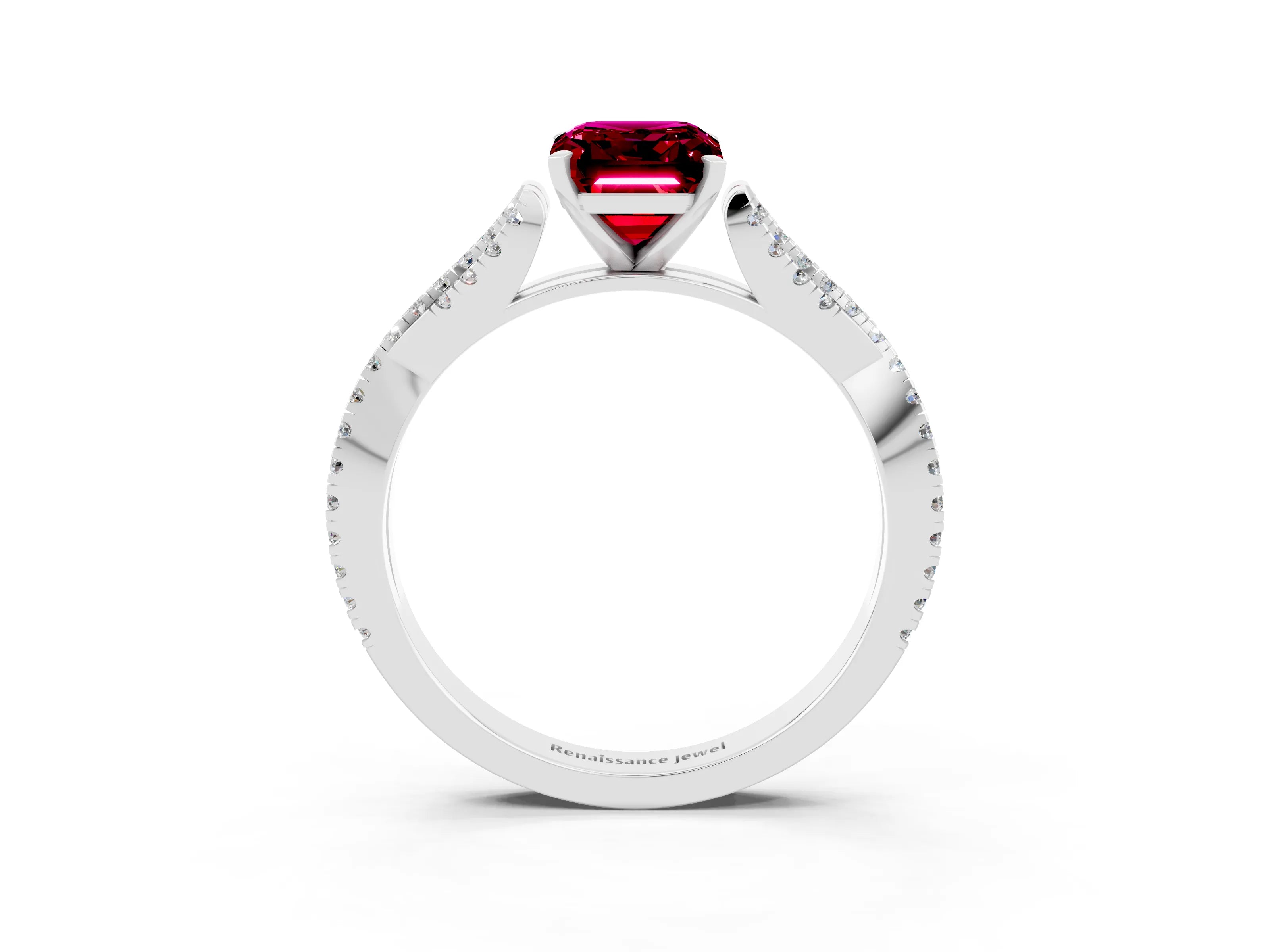 White gold Emerald Cut Garnet Solitaire Engagement Ring with Twisted Pavé Band and Four-Prong Setting_3
