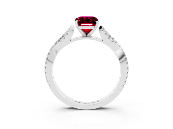 White gold Emerald Cut Garnet Solitaire Engagement Ring with Twisted Pavé Band and Four-Prong Setting