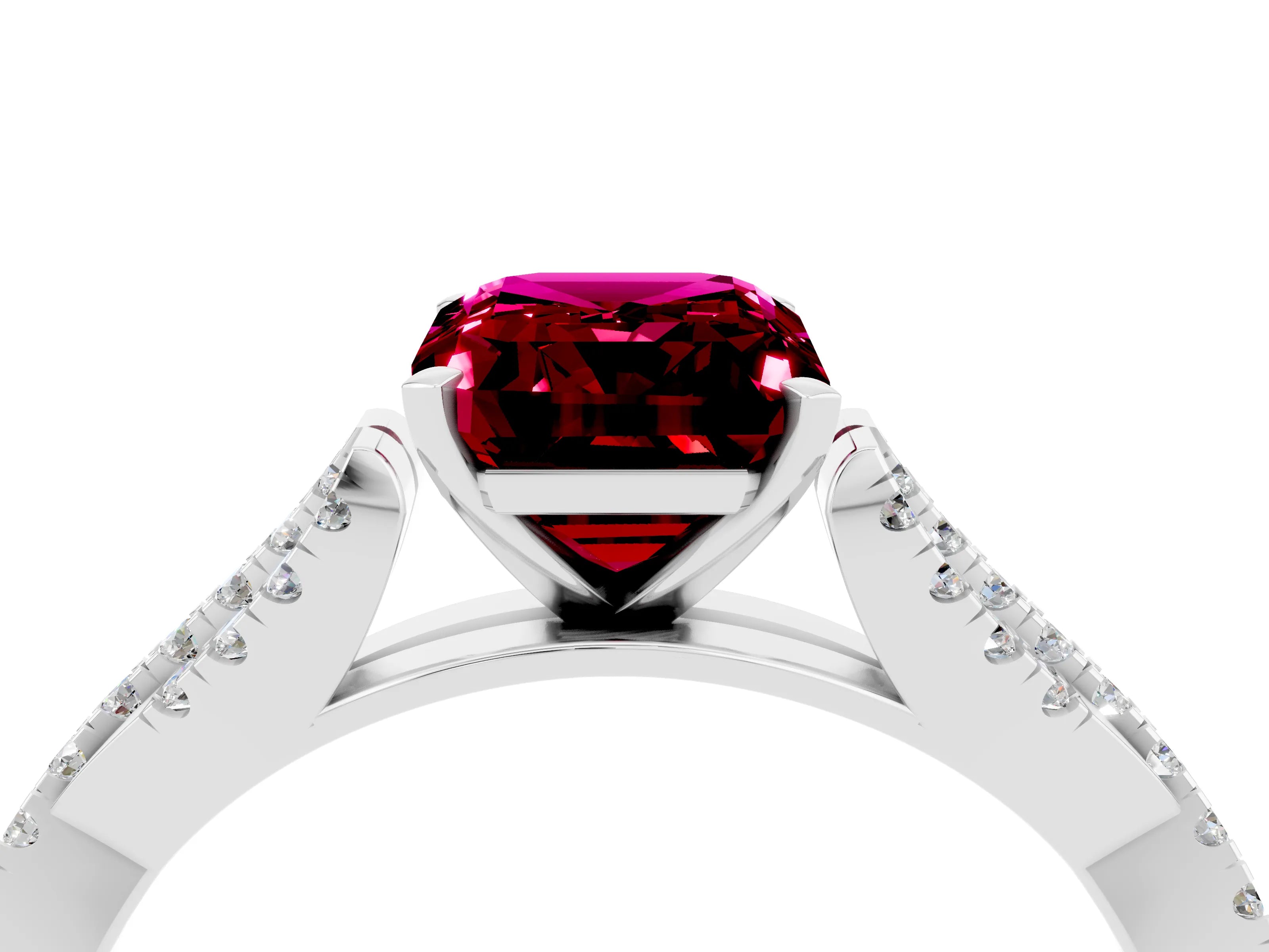 White gold Emerald Cut Garnet Solitaire Engagement Ring with Twisted Pavé Band and Four-Prong Setting_4