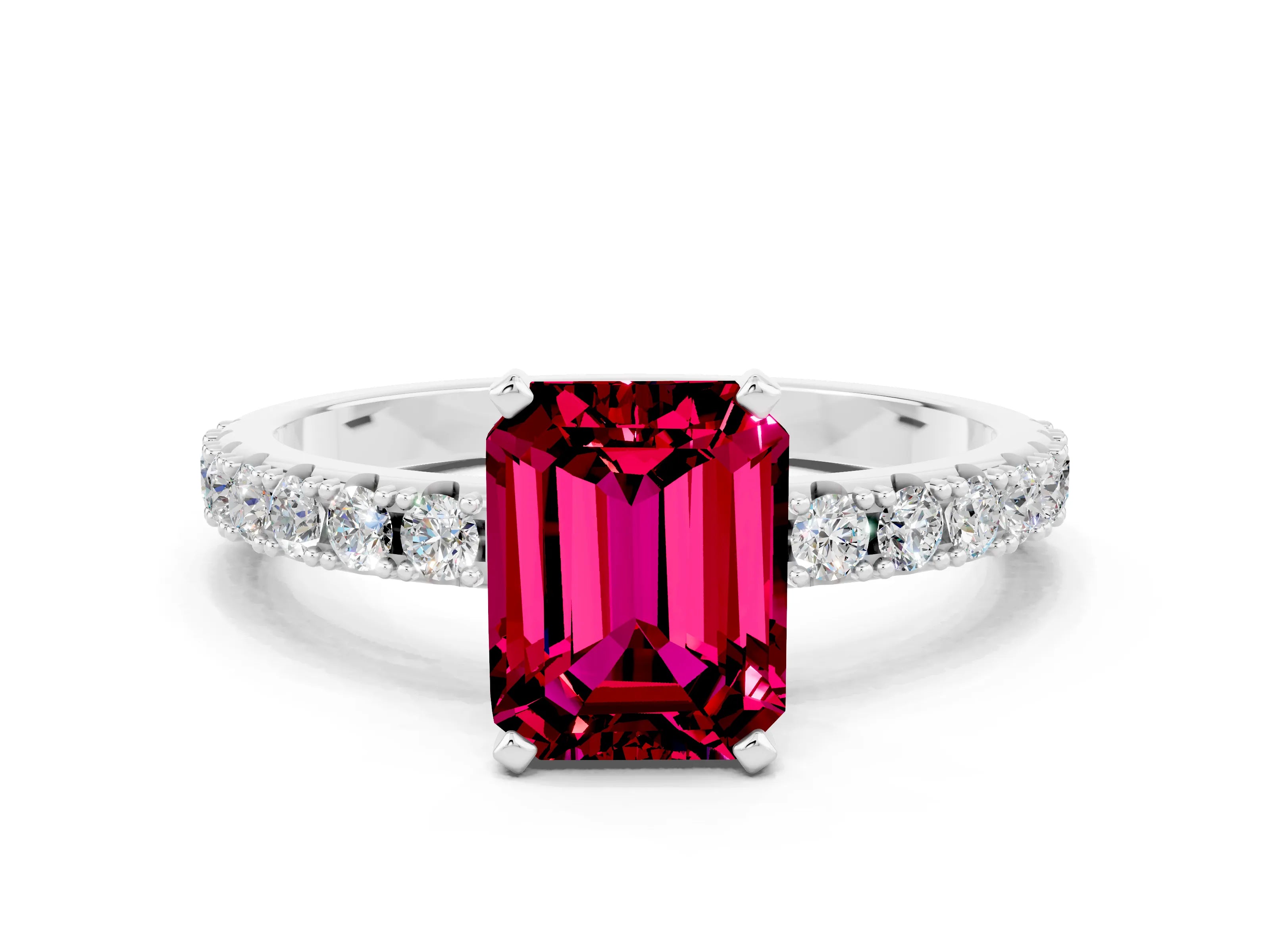 White gold Emerald Cut Garnet Solitaire Pavé Band with Four-Prong Setting