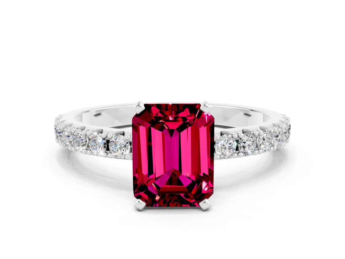 White gold Emerald Cut Garnet Solitaire Pavé Band with Four-Prong Setting