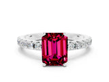 White gold Emerald Cut Garnet Solitaire Pavé Band with Four-Prong Setting