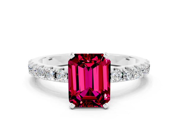 Silver Emerald Cut Garnet Solitaire Pavé Band with Four-Prong Setting