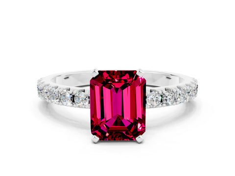 White gold Emerald Cut Garnet Solitaire Pavé Band with Four-Prong Setting